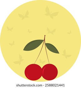 Two ripe cherries with twigs and leaves are located on a sand-colored oval background, on which silhouettes of butterflies are placed