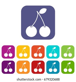 Two ripe cherry berries icons set vector illustration in flat style In colors red, blue, green and other