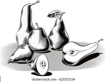 Two ripe pears are cut in half.