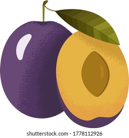 two ripe plums with a painted texture, one cut