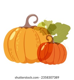 Two ripe pumpkins with leaves of different transparency isolated on a white background. Design element for abstract background, wallpaper, wrapping paper, fabric, textile