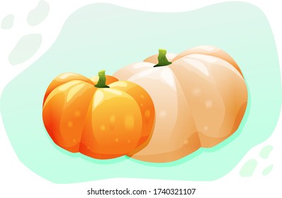 Dos calabazas maduras sobre un fondo verde claro. Ilustración vectorial. Tarjeta de otoño.