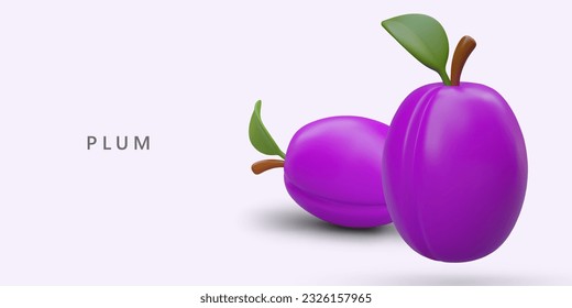Dos ciruelas realistas maduras con hojas verdes. Pune violeta lista para secarse. Frutos al estilo plasticino. Concepto para tiendas de comestibles, páginas de cocina, aplicaciones dietéticas