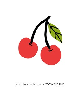 Dos cerezas rojas maduras con una hoja verde en un tallo delgado sobre un fondo liso