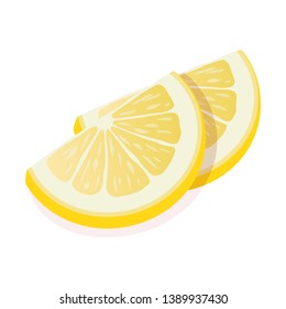 Two ripe slices of yellow lemon citrus fruit stand isolated on white background. Lemon citrus fruit, vector flat illustration