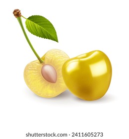 Two ripe sweet Cherrys with green leaf on white. The cherries are both a deep yellow color with smooth, shiny skins. The halved cherry reveals the juicy light yellow flesh and small pit