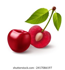 Two ripe sweet Cherrys with green leaf on white background. The cherries are both a deep red color with smooth, shiny skins. The halved cherry reveals the juicy light pink flesh and the small pit