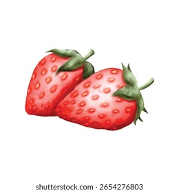 Dois morangos maduros aquarela com folhas verdes em um estilo macio pintado à mão.
Ideal para embalagens de alimentos, gráficos de sobremesa e projetos com tema de verão. Ilustração vetorial.
