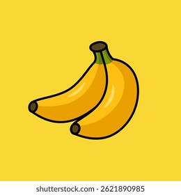 Two ripe yellow bananas are arranged together on a yellow background, perfect for illustrations and educational materials.