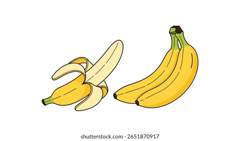 Duas bananas amarelas maduras uma parcialmente descascada mostrando a fruta dentro delicioso lanche de fruta tropical saudável