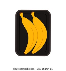 Two ripe yellow bananas in rectangular plastic supermarket tray, top view vector illustration