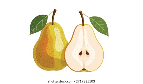 Dos peras amarillas maduras con hojas verdes, una fruta entera y una cortada por la mitad mostrando el núcleo y las semillas internas.