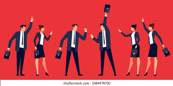Two rival teams of businessmen. The quarrel of businessmen. Template banner design in a flat style with angry men and women in business suits. Fight. Vector illustration. svg