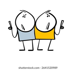 Two rivals or enemies are standing next to pistols. Vector illustration of a duel, two cartoon war with weapons.