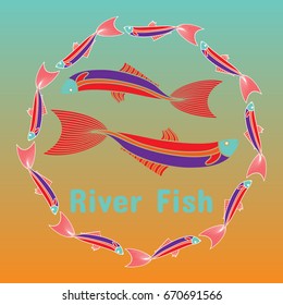 Two river fishes in the circle of many others on a gradient background