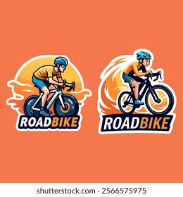 Two road bike illustrations with cyclists in action, perfect for cycling events, sports merchandise, and outdoor adventure branding, dynamic and energetic style