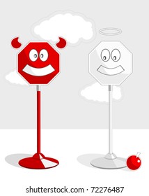 Two road signs in the form of imp and an angel