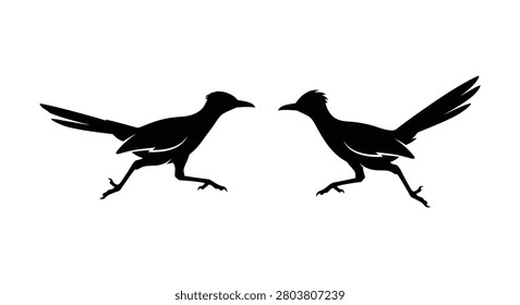 Two roadrunner silhouettes in a dynamic running pose against a white background silhouette roadrunners bird birds runner avian