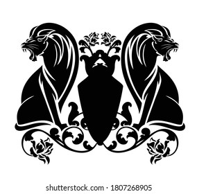 dos leones ruidosos sentados por un escudo heráldico entre flores rosadas - estilo antiguo escudo de armas diseño vectorial negro y blanco