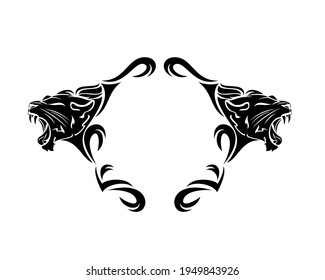 two roaring panther heads and heraldic style copy space blank  black and white vector design