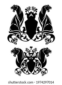 two roaring panthers and heraldic shield among rose flowers decor - security concept black and white vector design set