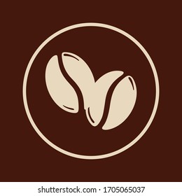 Two roasted coffee beans in a circle, caffeine icon symbol. Graphic vector illustration isolated over brown background.