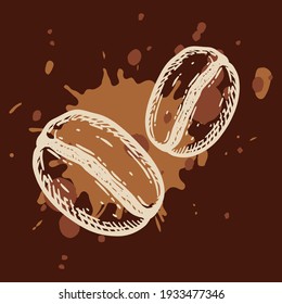 Two roasted coffee beans over brown splatter drip. Hand drawn graphic vector illustration.