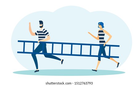 Two Robbers in Masks Holding Ladder and Running away Flat Cartoon Vector Illustration. Man and Woman Thief in Striped Tshirts Escaping. 