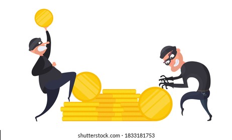 Two robbers steal gold coins. Two thieves are stealing money. Robbery and security concept. Isolated. Vector.