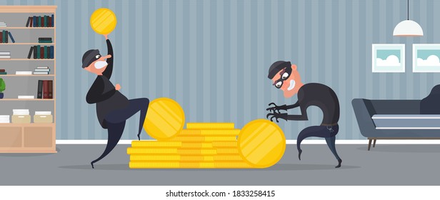 Two robbers steal gold coins. Two thieves are stealing money. Robbery and security concept. Vector.