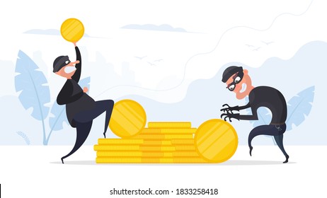 Two robbers steal gold coins. Two thieves are stealing money. Robbery and security concept. Vector.