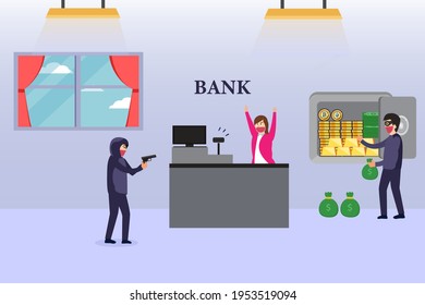 Two Robbers Wearing Face Mask While Threatening A Female Teller With Gun And Stealing Money Bags From Vault In The Bank