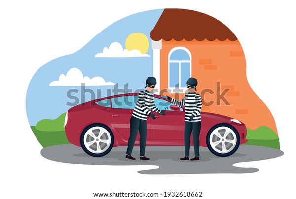 Two robers in mask are breaking door to\
hijack a car. Two male street robber trying to steal car with\
master key. Concept of car theft on city urban landscape. Flat\
cartoon vector\
illustration