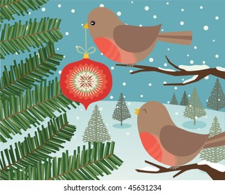 Two robins decorating a christmas tree