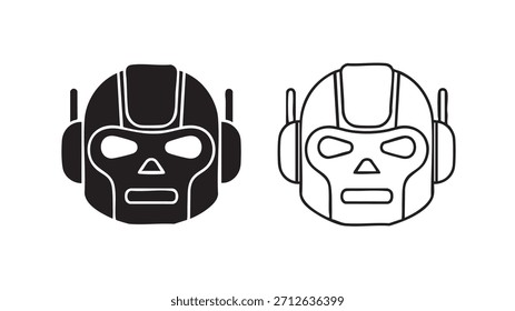 Dos cabezas de robot con caras blancas y negras. Uno lleva un casco negro