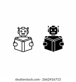 Two robot icons, one outlined and one filled, are depicted reading a book, showcasing the concept of artificial intelligence and learning.