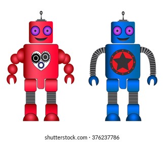 Two Robot Illustrations - Red and Blue Fun Robot Vectors EPS10