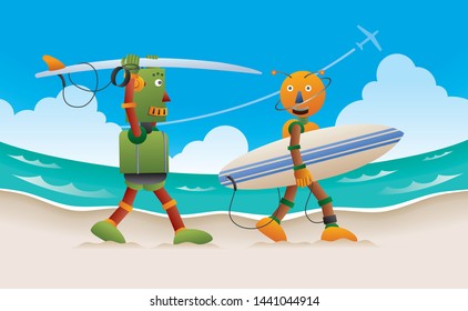 Two robot surfers walking on the beach with surfboard. 