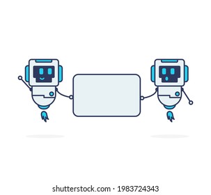 Two robot take white board simple character pose happy smile illustration mascot logo