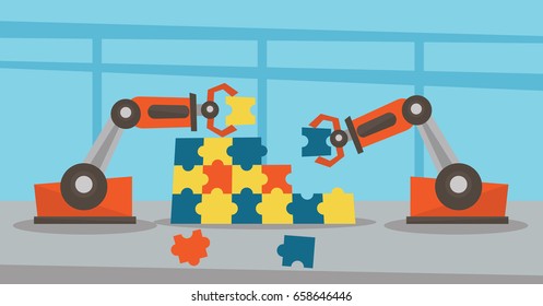 Two robotic arms building a colorful puzzle. Robot solving jigsaw puzzle. Two robotic arms with puzzle. Two robotic arms holding pieces of puzzle. Vector flat design illustration. Horizontal layout.