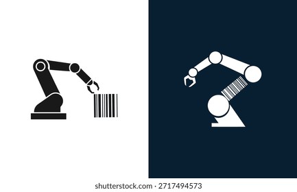 Dois braços robóticos digitalizando códigos de barras em um fundo de gradiente escuro com um braço em preto e o outro em branco