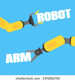 Two robotic arms with text ROBOT ARM flat style design vector illustration icon signs isolated on light blue background. Robot arms or hands. Industrial robot manipulator. Modern smart industry 4.0.