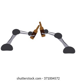 Two robotic arms toasting bottles of beer