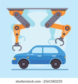 Two robotic arms working meticulously on a blue car within a futuristic factory, highlighting the advancements in automation and efficiency in the automotive manufacturing industry