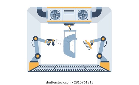 Two robotic arms working in tandem within an industrial spray booth for automated car component painting process.