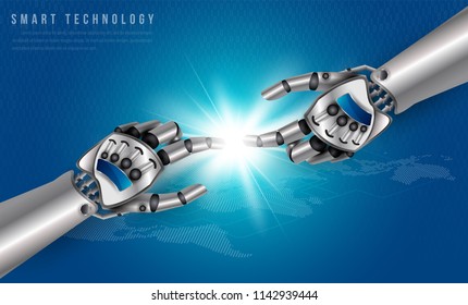 Two robotic hands pointing fingers. Robots Communication And Artificial Intelligence Concept. Future development And the communication of the robot.
