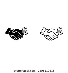 Two robotic hands shaking with circuit board design on a white background