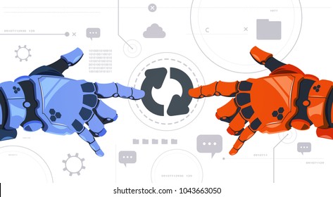 Two Robotic Hands Touch Updating Button On Digital Screen Abstract Modern Technology Background Flat Vector Illustration