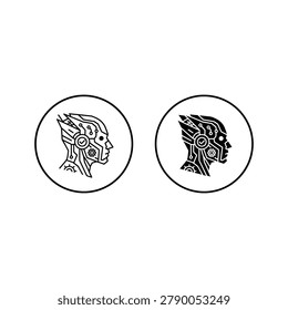 Two robotic head profiles in circular frames, one outlined and one filled.