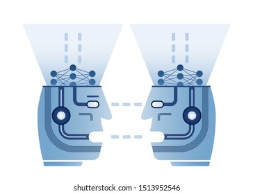 Two robotic heads with artificial neural networks inside looking to each other and getting information. Deep learning, machine learning, ai illustration. New technologies concept. Vector illustration